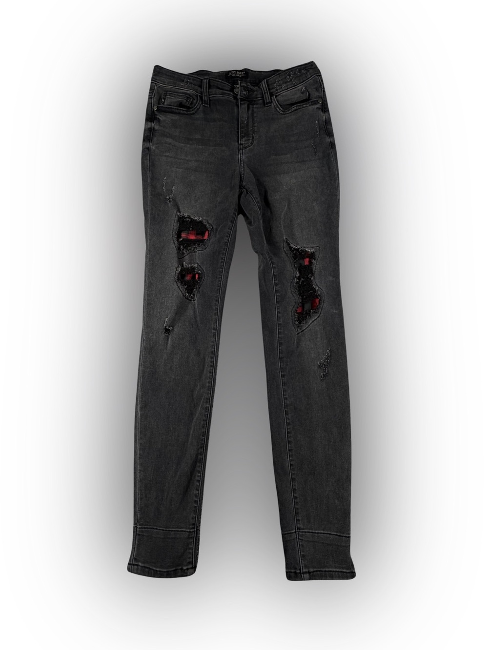 Women’s Judy Blue Black Skinny Fit Jeans with Red Plaid Patch Detail Size 7 / 28